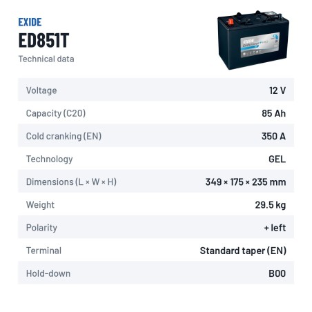 Batterie camion Exide ED851T 12V 85Ah 350A GEL – fiche technique
