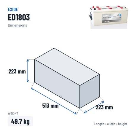 Batterie camion Exide ED1803 12V 180Ah 900A – dimensions 513 × 223 × 223 mm
