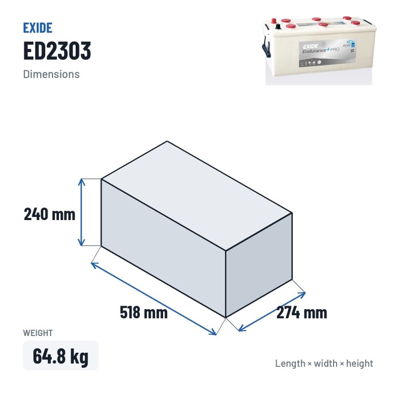 Truck battery Exide ED2303 12V 230Ah 1100A – dimensions 518 × 274 × 240 mm