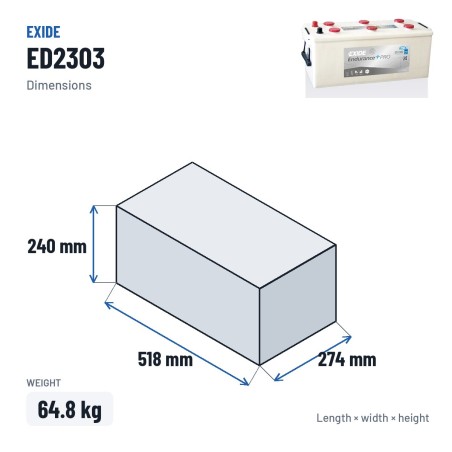 Batería de camión Exide ED2303 12V 230Ah 1100A – medidas 518 × 274 × 240 mm