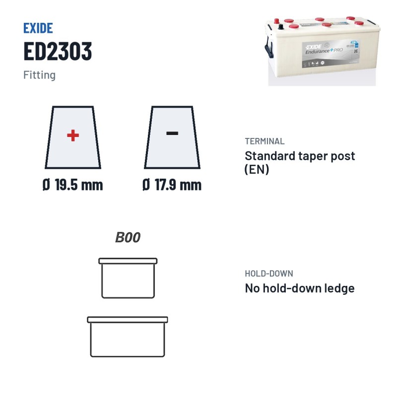 Truck battery Exide ED2303 12V 230Ah 1100A – terminal and hold-down