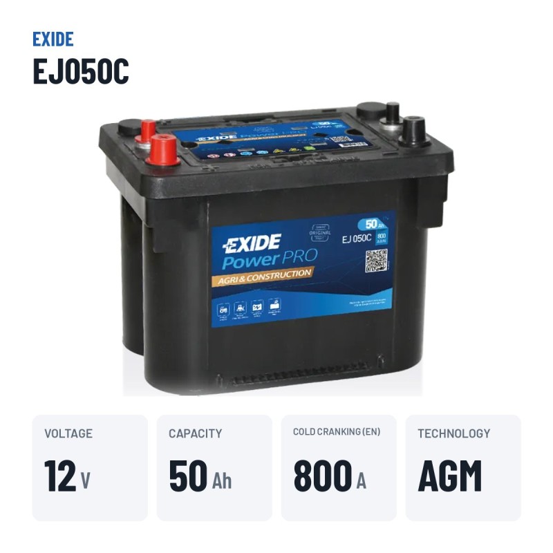 Bateria de camião Exide EJ050C 12V 50Ah 800A AGM – dados principais