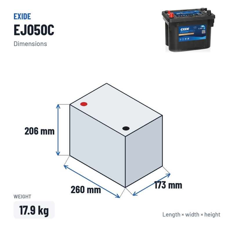 Bateria de camião Exide EJ050C 12V 50Ah 800A AGM – medidas 260 × 173 × 206 mm