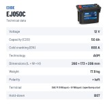 Bateria de camião Exide EJ050C 12V 50Ah 800A AGM – ficha técnica