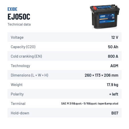 LKW-Batterie Exide EJ050C 12V 50Ah 800A AGM – technische Daten