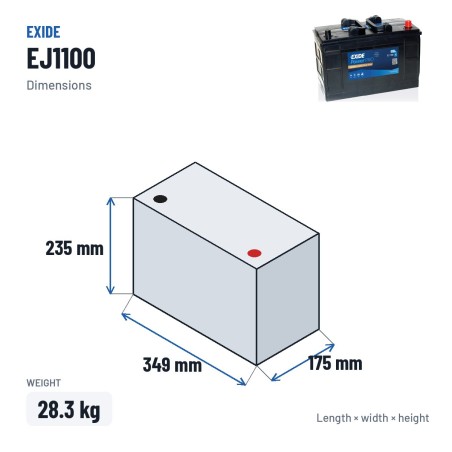 LKW-Batterie Exide EJ1100 12V 110Ah 900A – Abmessungen 349 × 175 × 235 mm