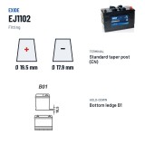 Truck battery Exide EJ1102 12V 110Ah 900A – terminal and hold-down