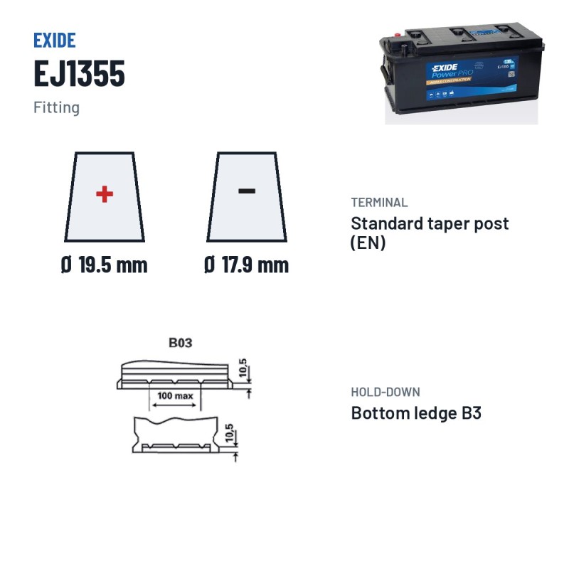 Batteria camion Exide EJ1355 12V 135Ah 1000A – terminali e fissaggio