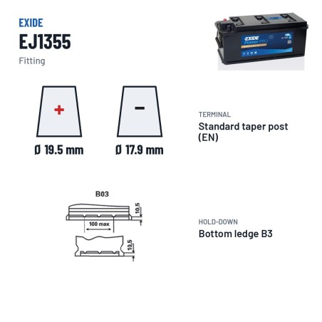 Batteria camion Exide EJ1355 12V 135Ah 1000A – terminali e fissaggio