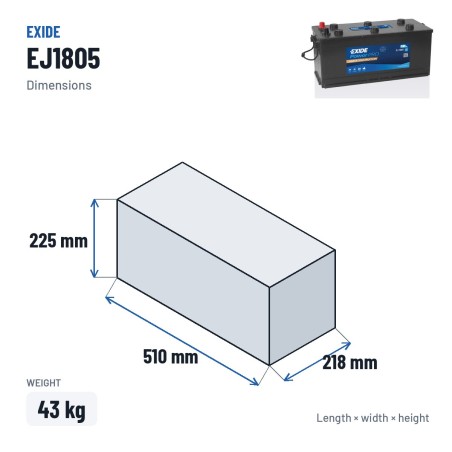 Batterie camion Exide EJ1805 12V 180Ah 1000A – dimensions 510 × 218 × 225 mm
