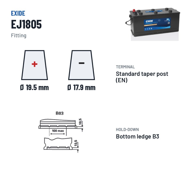 Batterie camion Exide EJ1805 12V 180Ah 1000A – bornes et fixation
