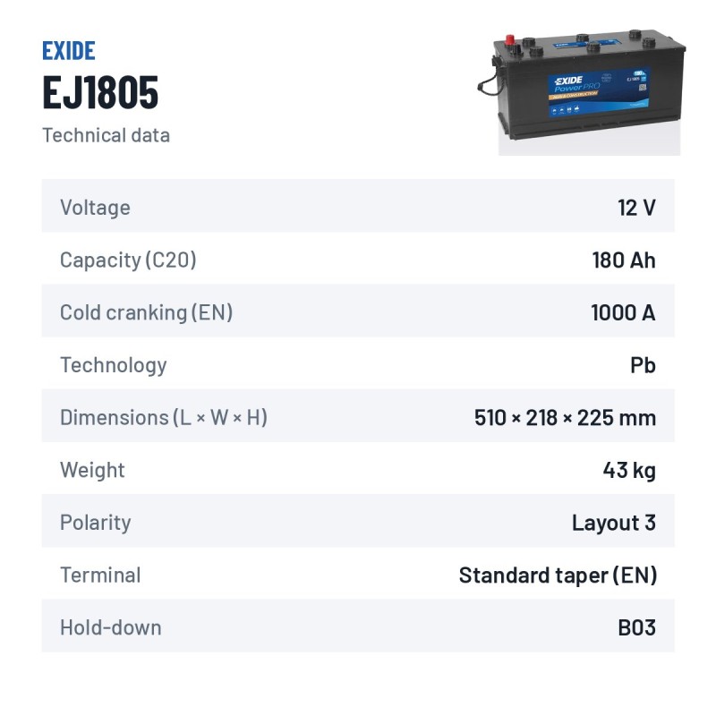 Batteria camion Exide EJ1805 12V 180Ah 1000A – scheda tecnica
