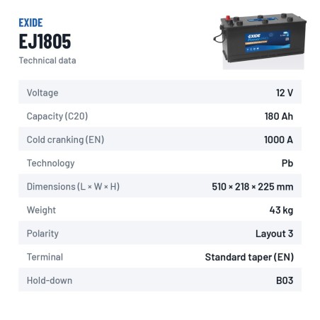 Batteria camion Exide EJ1805 12V 180Ah 1000A – scheda tecnica