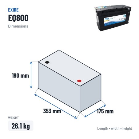 Bateria náutica Exide EQ800 12V 95Ah 850A AGM – medidas 353 × 175 × 190 mm