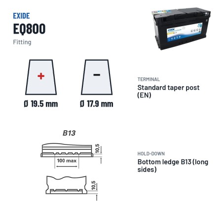 Batterie marine Exide EQ800 12V 95Ah 850A AGM – bornes et fixation