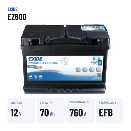 Batería náutica Exide EZ600 12V 70Ah 760A EFB – datos clave