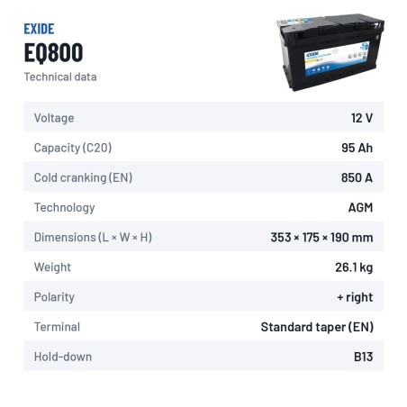 Batterie marine Exide EQ800 12V 95Ah 850A AGM – fiche technique