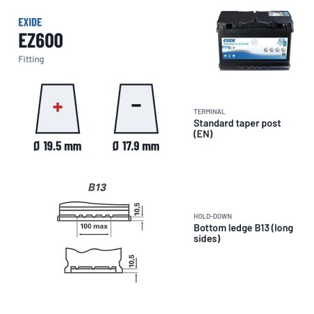 Bootsbatterie Exide EZ600 12V 70Ah 760A EFB – Pole und Befestigung