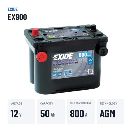 Batterie marine Exide EX900 12V 50Ah 800A AGM – caractéristiques clés