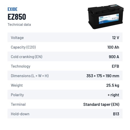 Batería náutica Exide EZ850 12V 100Ah 900A EFB – ficha técnica