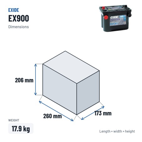 Batterie marine Exide EX900 12V 50Ah 800A AGM – dimensions 260 × 173 × 206 mm