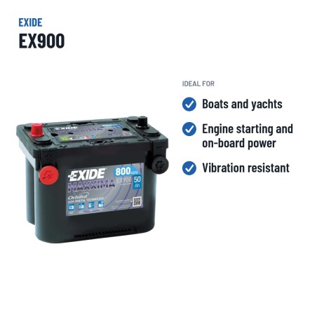 Batterie marine Exide EX900 12V 50Ah 800A AGM – utilisations recommandées