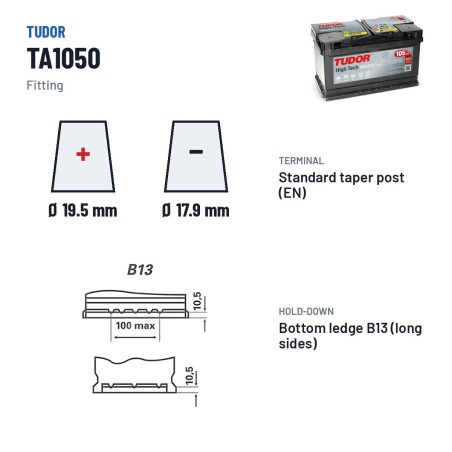 Batería de coche Tudor TA1050 12V 105Ah 850A | baterias.com