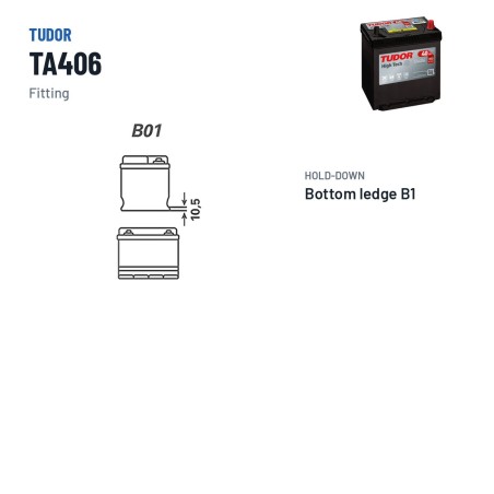 Bateria de carro Tudor TA406 12V 40Ah 350A – terminal e fixação