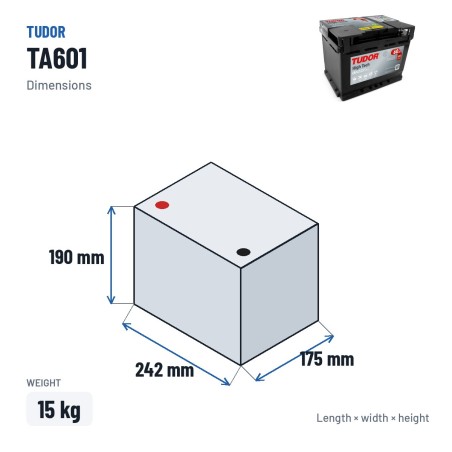 Batería de coche Tudor TA601 12V 60Ah 600A – medidas 242 × 175 × 190 mm