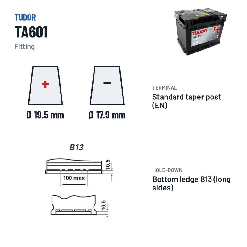 Car battery Tudor TA601 12V 60Ah 600A – terminal and hold-down