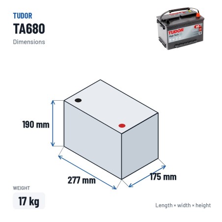 Batería de coche Tudor TA680 12V 68Ah 650A – medidas 277 × 175 × 190 mm