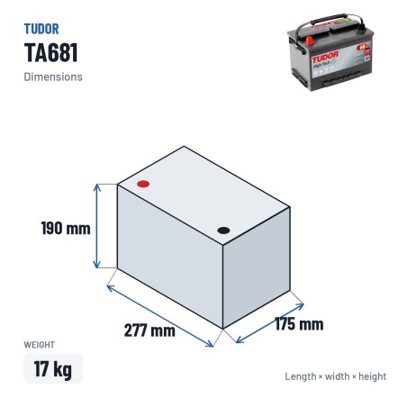 Batterie voiture Tudor TA681 12V 68Ah 650A – dimensions 277 × 175 × 190 mm