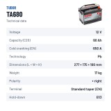 Batteria auto Tudor TA680 12V 68Ah 650A – scheda tecnica