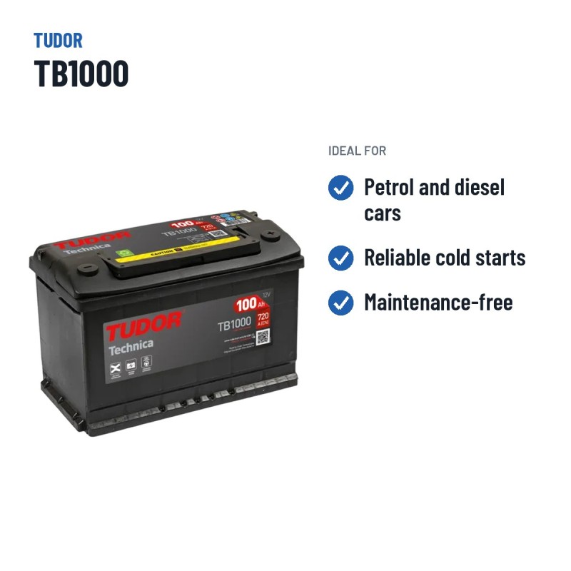 Batterie voiture Tudor TB1000 12V 100Ah 720A – utilisations recommandées