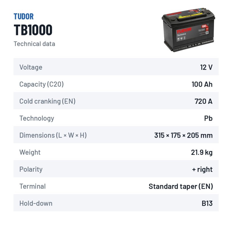 Batterie voiture Tudor TB1000 12V 100Ah 720A – fiche technique