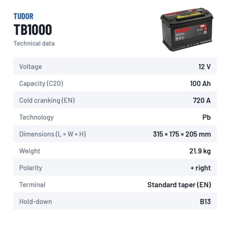 Batteria auto Tudor TB1000 12V 100Ah 720A – scheda tecnica