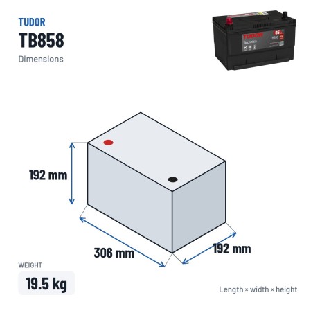 Autobatterie Tudor TB858 12V 85Ah 800A – Abmessungen 306 × 192 × 192 mm