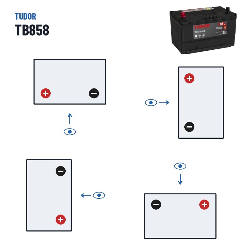 Car battery Tudor TB858 12V 85Ah 800A – polarity (layout 1, + left)