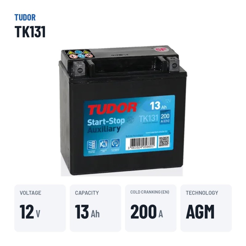 Bateria auxiliar Tudor TK131 12V 13Ah 200A AGM – dados principais