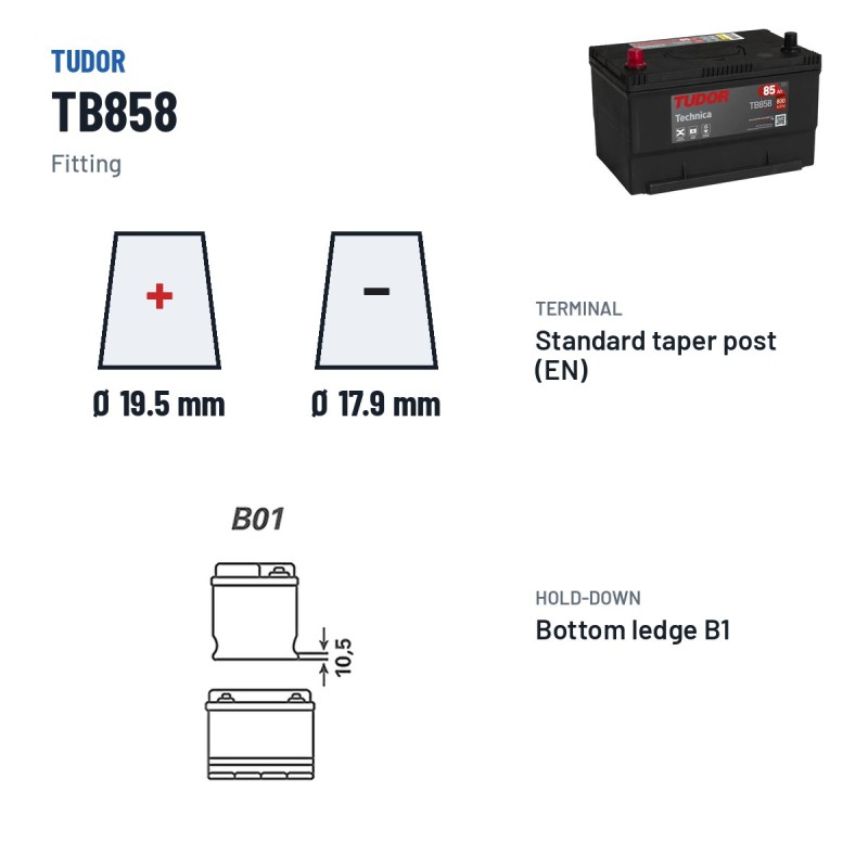 Autobatterie Tudor TB858 12V 85Ah 800A – Pole und Befestigung