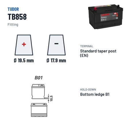 Car battery Tudor TB858 12V 85Ah 800A – terminal and hold-down