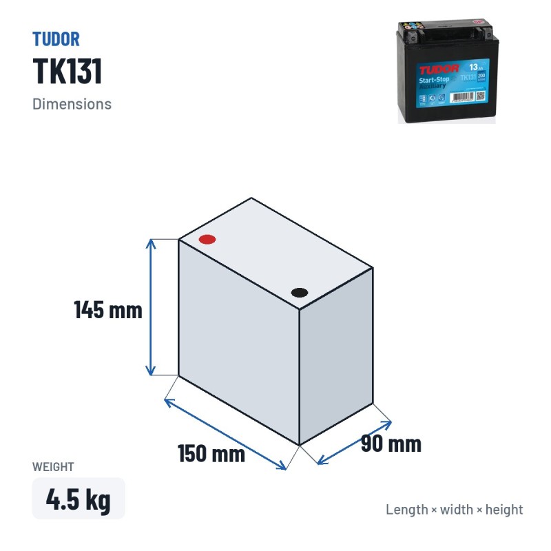 Bateria auxiliar Tudor TK131 12V 13Ah 200A AGM – medidas 150 × 90 × 145 mm