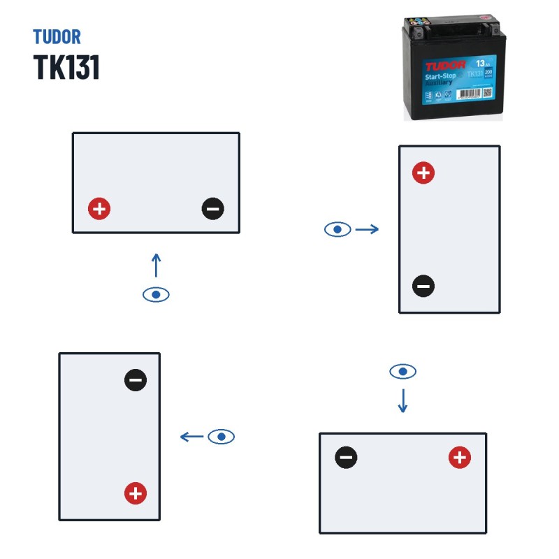 Batterie auxiliaire Tudor TK131 12V 13Ah 200A AGM – polarité (schéma 1, + à gauche)