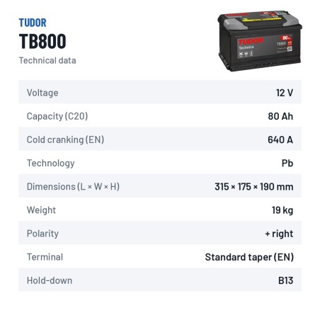 Autobatterie Tudor TB800 12V 80Ah 640A – technische Daten
