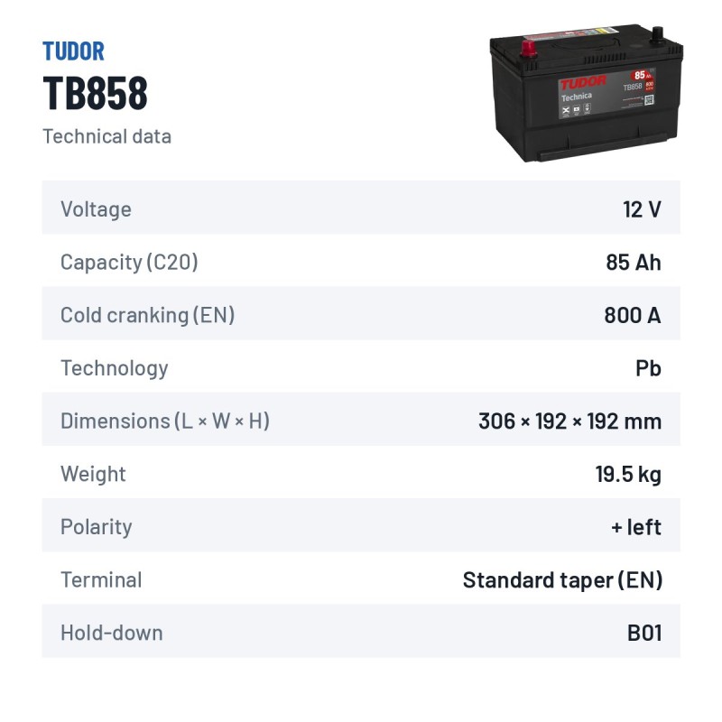 Car battery Tudor TB858 12V 85Ah 800A – technical data