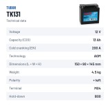 Batterie auxiliaire Tudor TK131 12V 13Ah 200A AGM – fiche technique