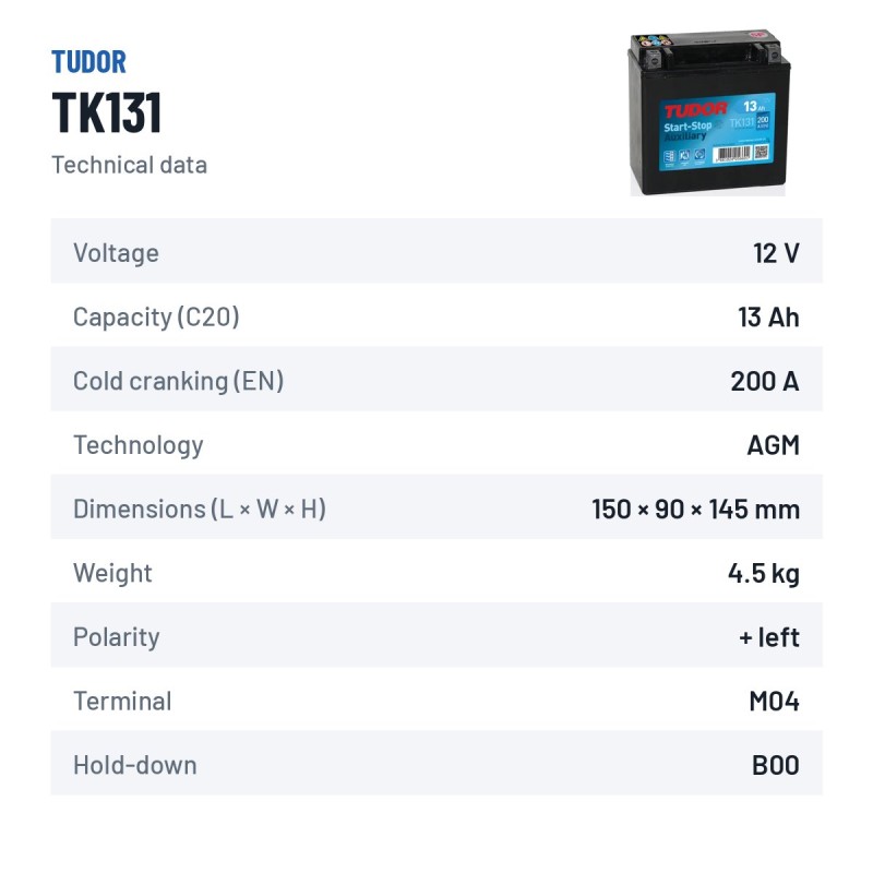 Batterie auxiliaire Tudor TK131 12V 13Ah 200A AGM – fiche technique