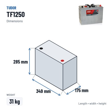 Truck battery Tudor TF1250 12V 125Ah 850A – dimensions 349 × 175 × 285 mm