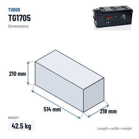 Batterie camion Tudor TG1705 12V 170Ah 950A – dimensions 514 × 218 × 210 mm