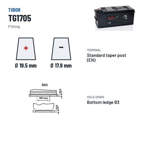 Batterie camion Tudor TG1705 12V 170Ah 950A – bornes et fixation